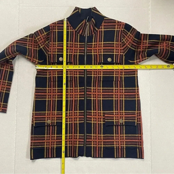 Rachel Zoe Plaid Zip Sweater Cardigan Jacket Knit Shacket. Orange & Navy. Medium - Picture 15 of 16